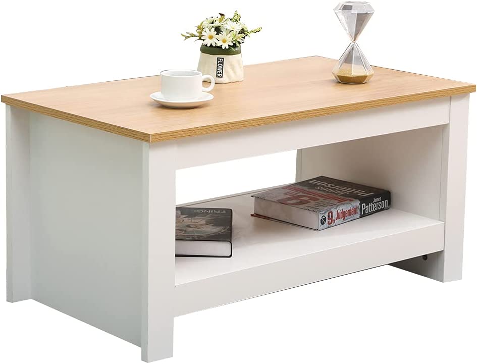 NEW Wooden Modern Coffee Sofa End Table wit Bottom Storage, Oak