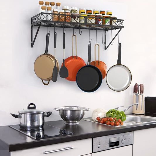 Wall Mount Pot Pan Racks for kitchen, Metal Cookware Organizer with 10 Hooks, Black