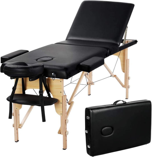 Portable Beauty Bed Folding Facial Spa Bed Tattoo Couch Bed w/Carry Bag Wooden 3 Sections