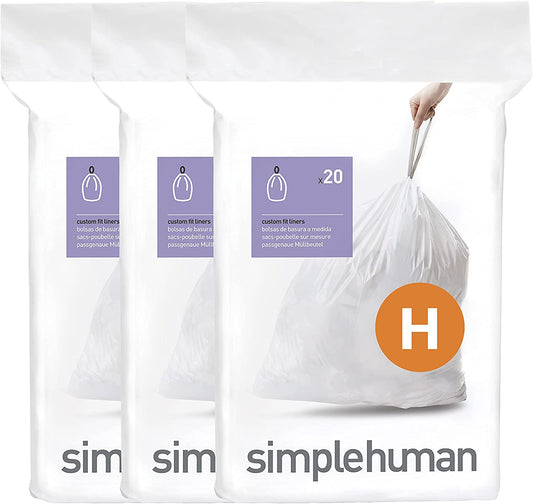 3 Pack simplehuman CW0258 code H Custom Fit Bin Liner Bulk Pack, White Plastic (3 Pack of 20, Total 60 Liners)