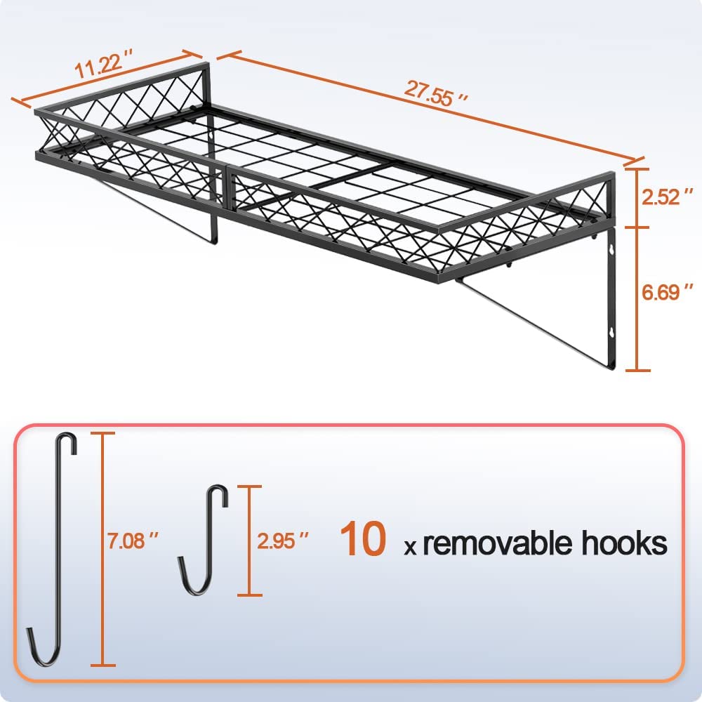 Wall Mount Pot Pan Racks for kitchen, Metal Cookware Organizer with 10 Hooks, Black