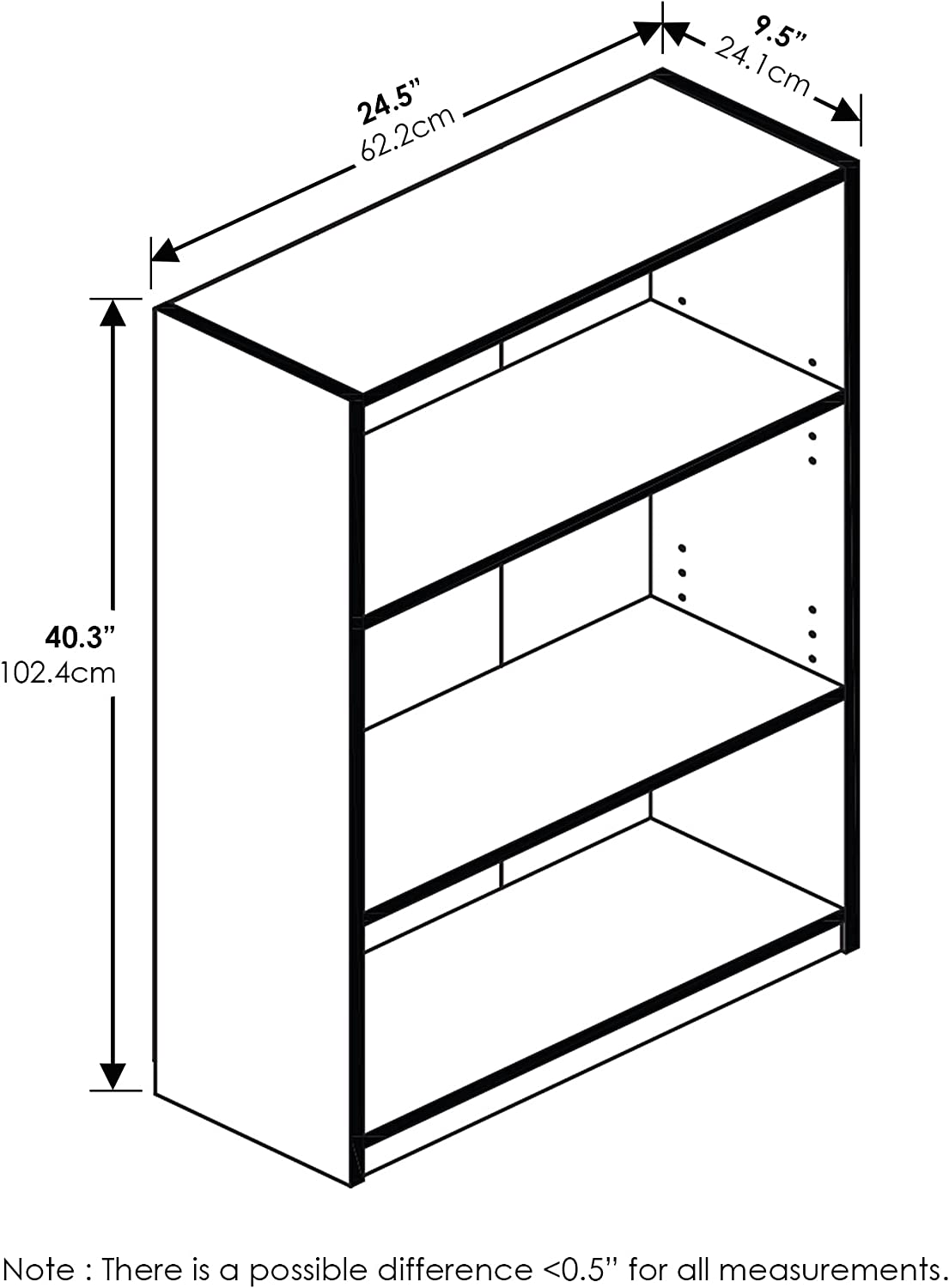 3-Tier Adjustable Shelf Bookcase, Pink/White/Black