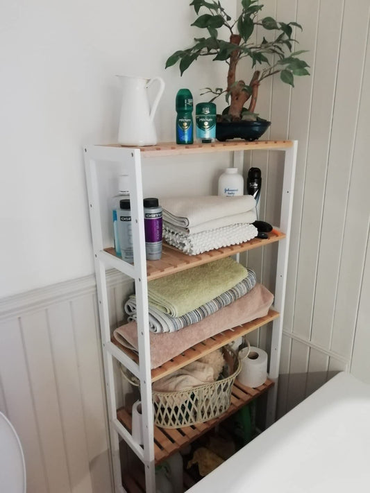 NEW!  5-Tier Bathroom Storage Shelves, Bamboo Kitchen Shelf with 9 Adjustable Heights