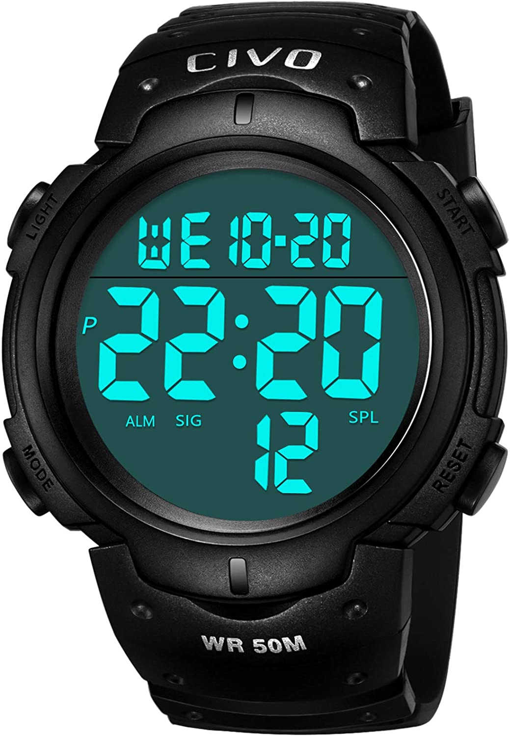 Men's Digital Sports Watch Big Numbers 50M Waterproof Large Face LED Wrist Watch