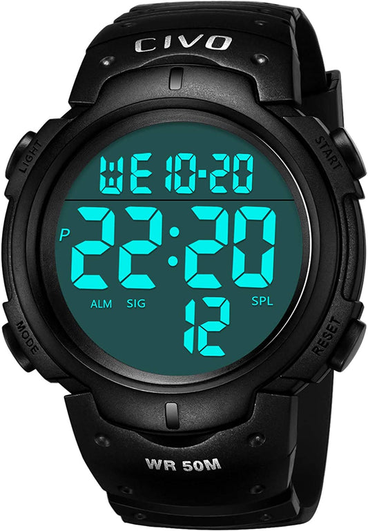 Men's Digital Sports Watch Big Numbers 50M Waterproof Large Face LED Wrist Watch