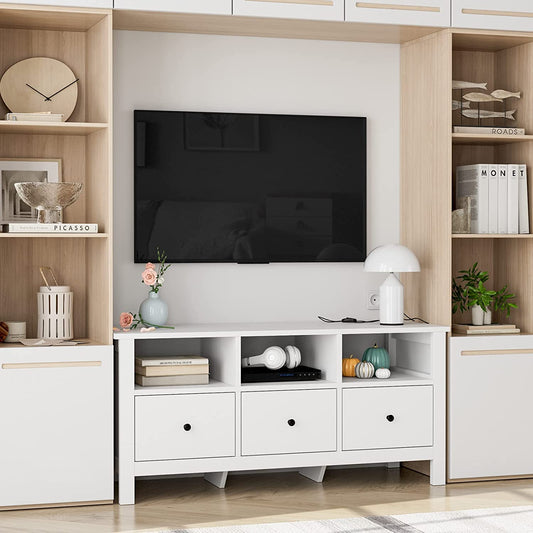 TV Stand Cabinet Floor TV Console with 3 Drawers for 43 Inch TV Unit White Bench Storage