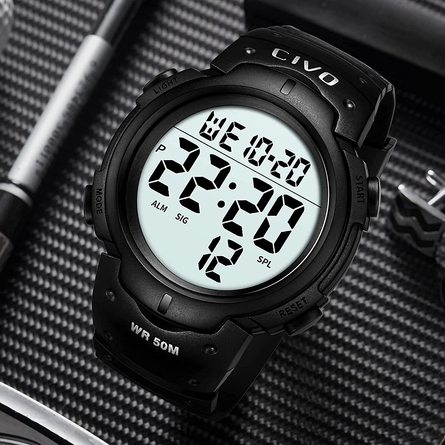 Men s Digital Sports Watch Big Numbers 50M Waterproof Large Face