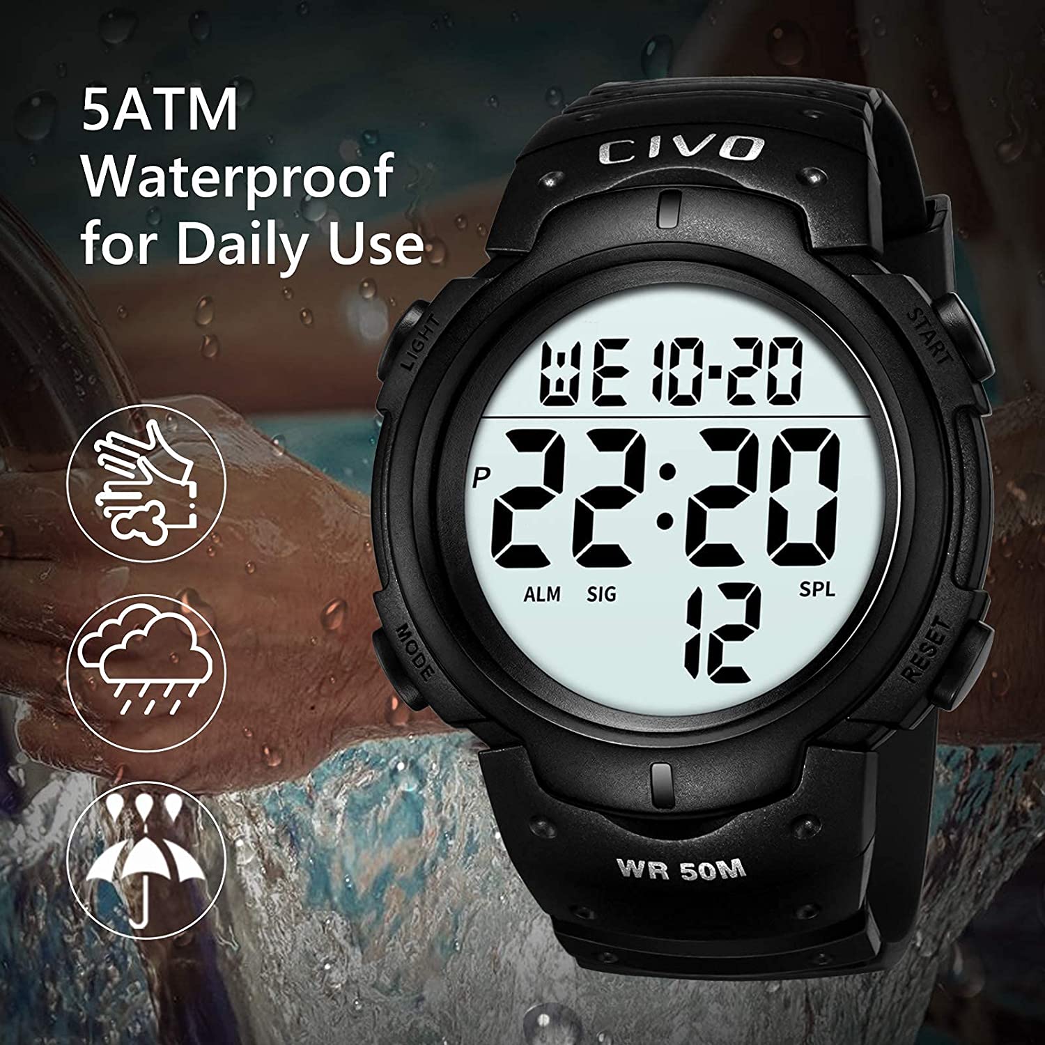 Men's Digital Sports Watch Big Numbers 50M Waterproof Large Face LED W ...