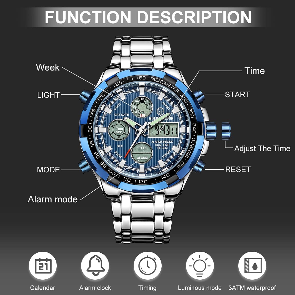 SALE! Mens Watch Stainless Steel Heavy Sport Chronograph Waterproof Watch FREE SHIPPING