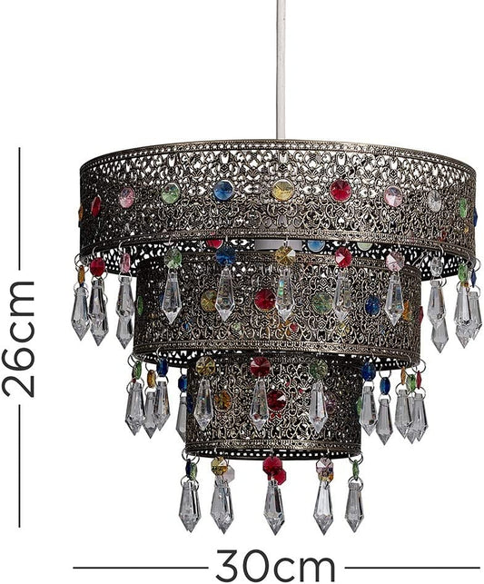 Moroccan Style 3 Tier Ceiling Pendant Light Shade with Multi-Coloured Acrylic Jewel Droplets