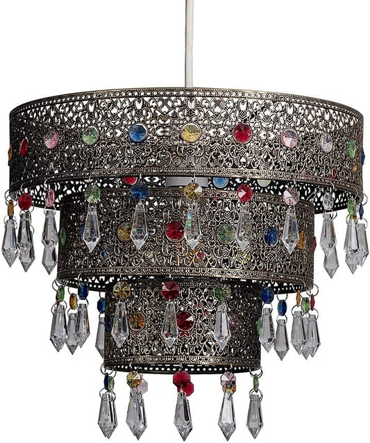 Moroccan Style 3 Tier Ceiling Pendant Light Shade with Multi-Coloured Acrylic Jewel Droplets