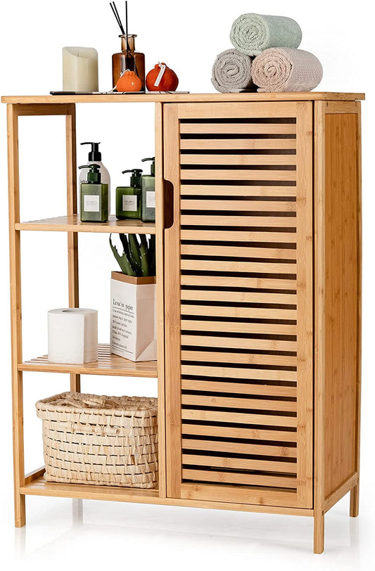 Bamboo Bathroom Cabinet Single Door Freestanding Floor Cabinets with 3-Tier Open Shelves