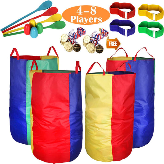 Sports Day Kit Outdoor Games Potato Sack Race Bags for Kids and Adults, Egg and Spoon, 3-Legged Race Bands, Game Prizes