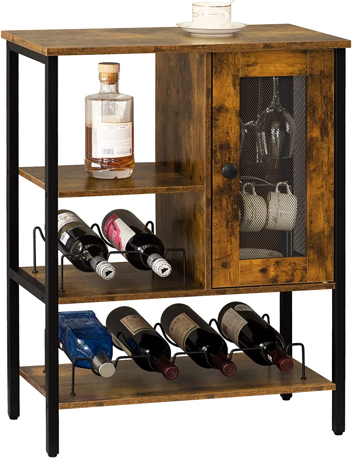 Wine Bar Cabinet Table with Wine Rack & Glass Holder, Industrial Wood Coffee Bar