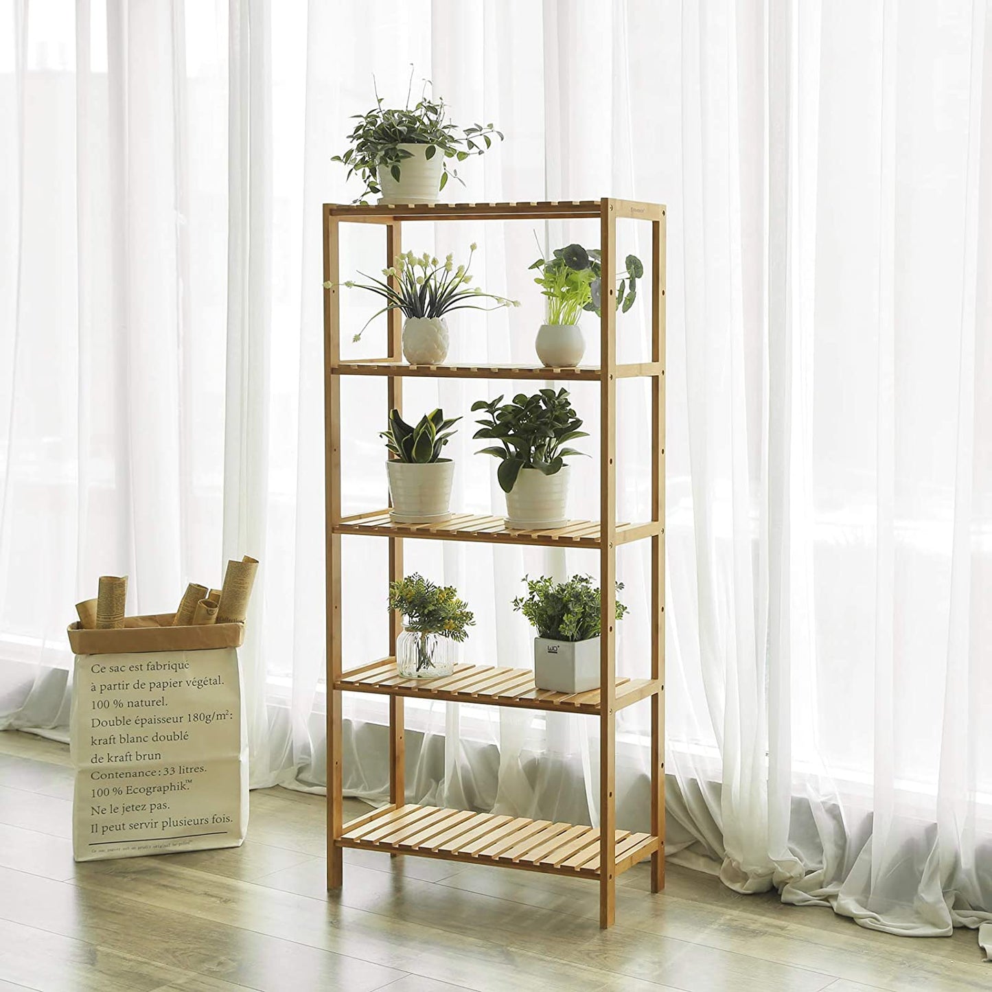 NEW! Bathroom Kitchen Storage Bamboo 5 Shelves Adjustable Floor Height Flower Stand