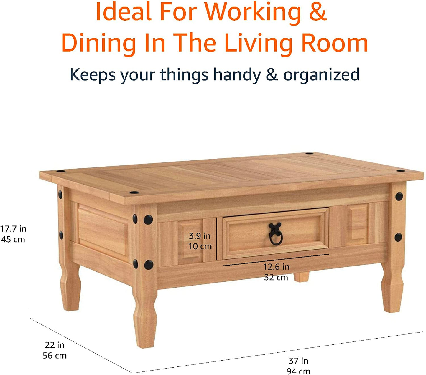 Corona Coffee Table With Drawer, Made from Distressed Waxed Pine, Solid Wood