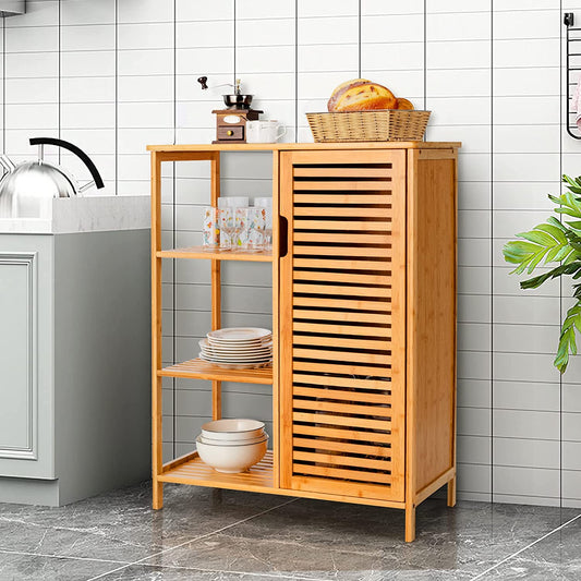 Bamboo Bathroom Cabinet Single Door Freestanding Floor Cabinets with 3-Tier Open Shelves