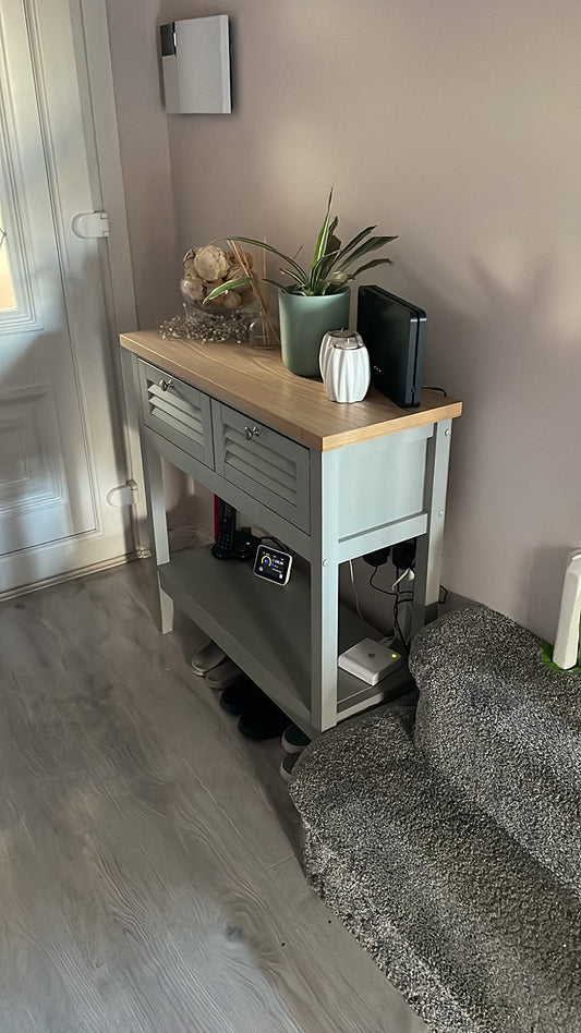 NEW Grey & Ash Veneer Console Table – Natural Wooden Sideboard, Soft Close Storage Drawer