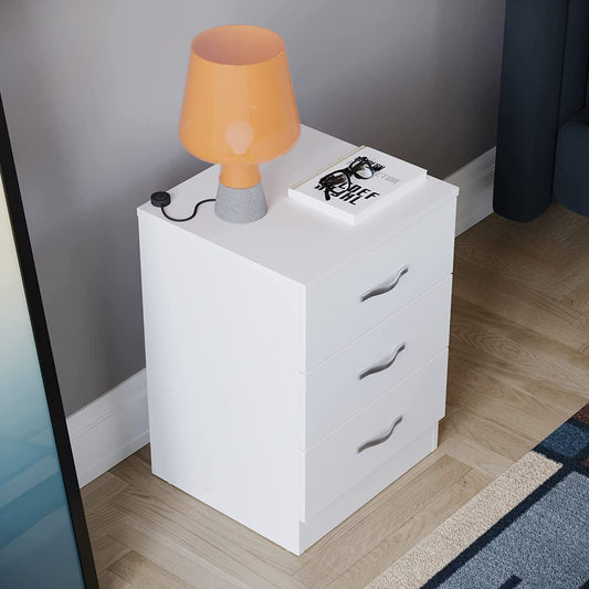 White Bedside Cabinet Chest of Drawers, 3 Drawer With Metal Handles