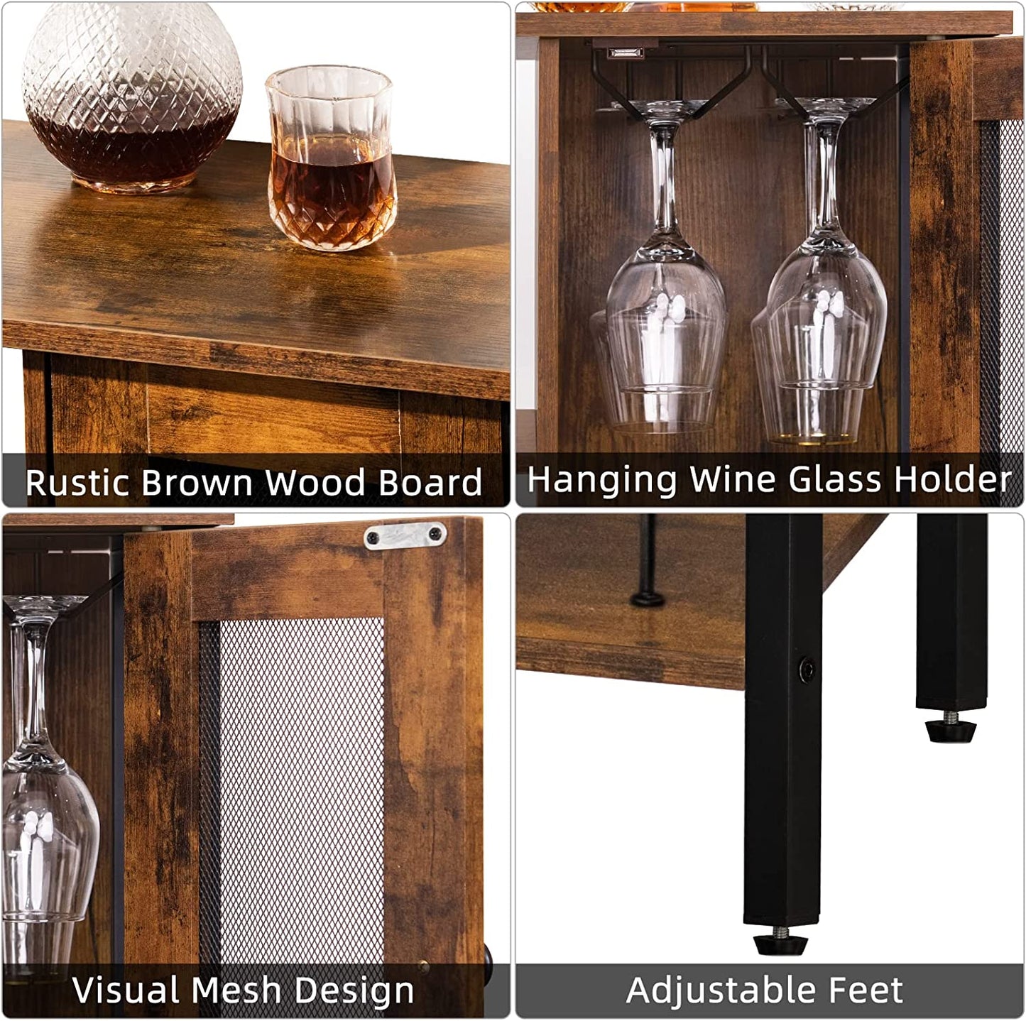 Wine Bar Cabinet Table with Wine Rack & Glass Holder, Industrial Wood Coffee Bar