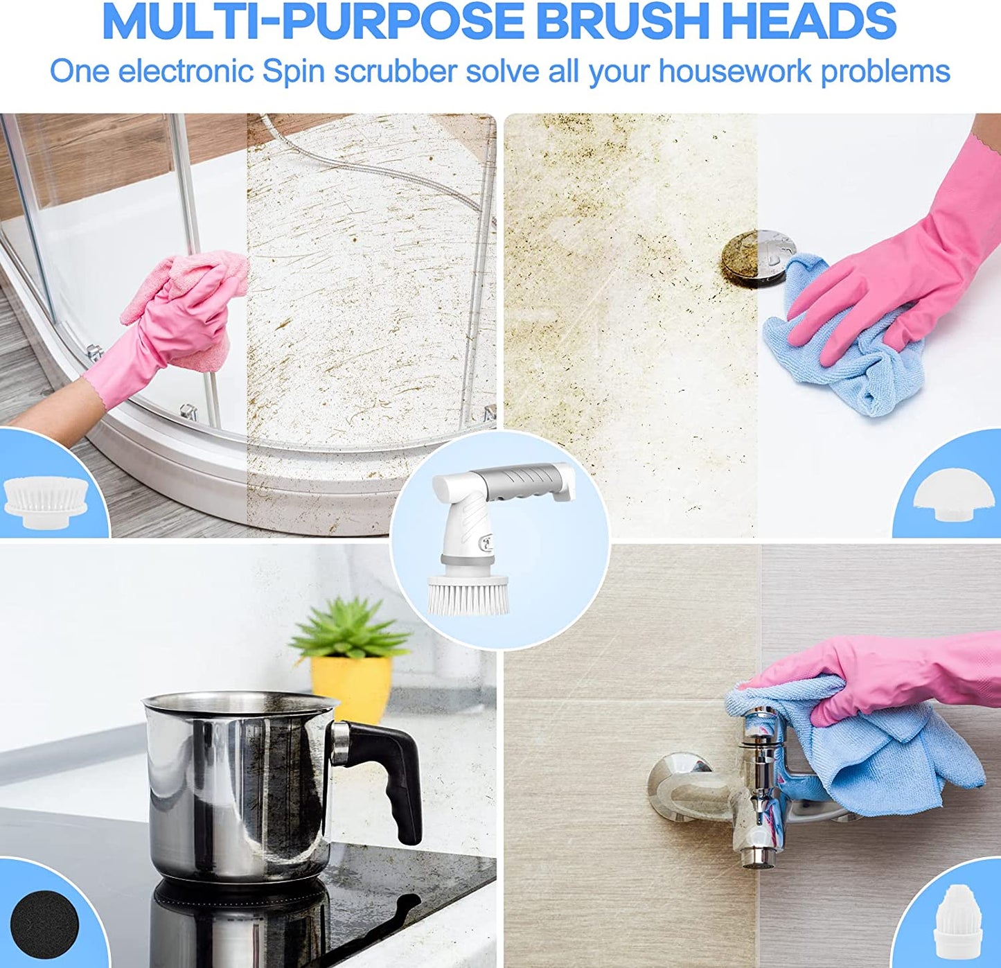 Electric spin scrubber cleaning brush shower brush for bathroom with 5 brush heads