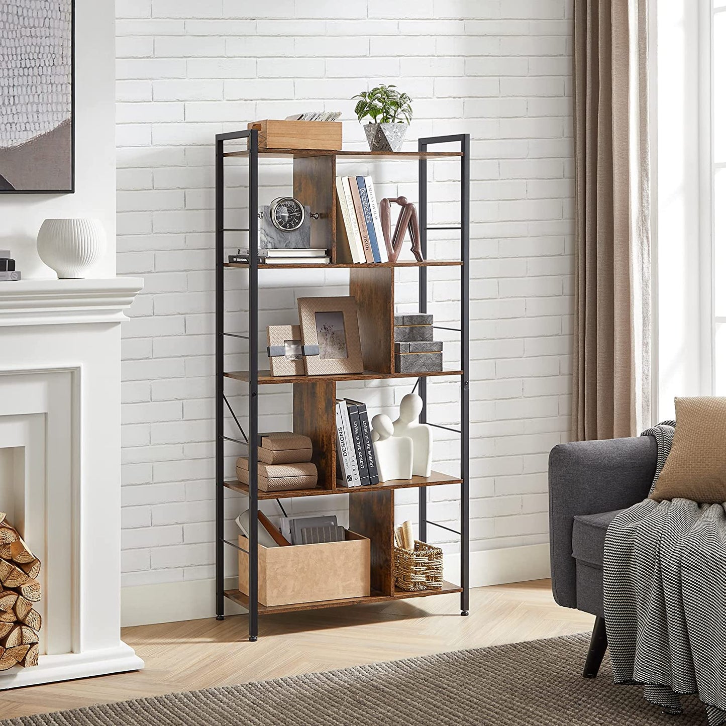 Bookshelf, Living Room Bookcase, Large 4-Tier Storage Shelf, for Office Study, Rustic Brown