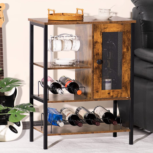 Wine Bar Cabinet Table with Wine Rack & Glass Holder, Industrial Wood Coffee Bar