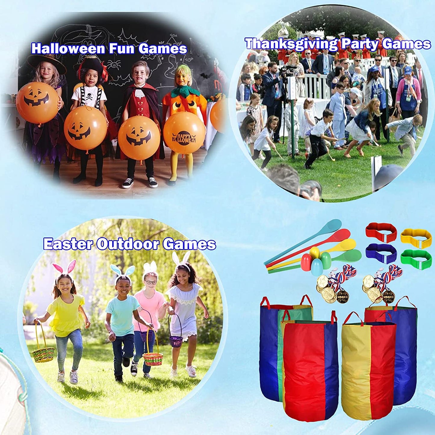 Sports Day Kit Outdoor Games Potato Sack Race Bags for Kids and Adults, Egg and Spoon, 3-Legged Race Bands, Game Prizes