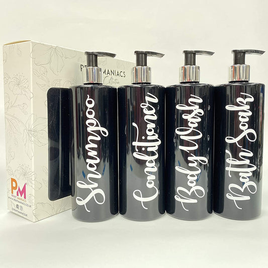 4 Pcs Print Maniacs Mrs Hinch Inspired Black Personalised Pump Bottles Bathroom Kitchen Set
