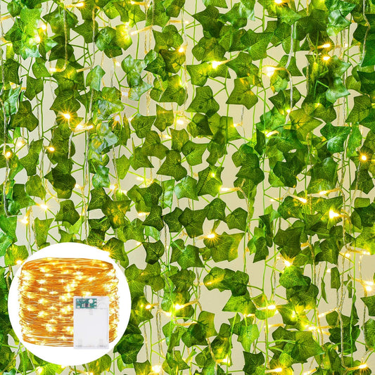 12 Pack Artificial Ivy Leaf Garland Plants Vine Hanging Wedding Garland with 90 LED String Light
