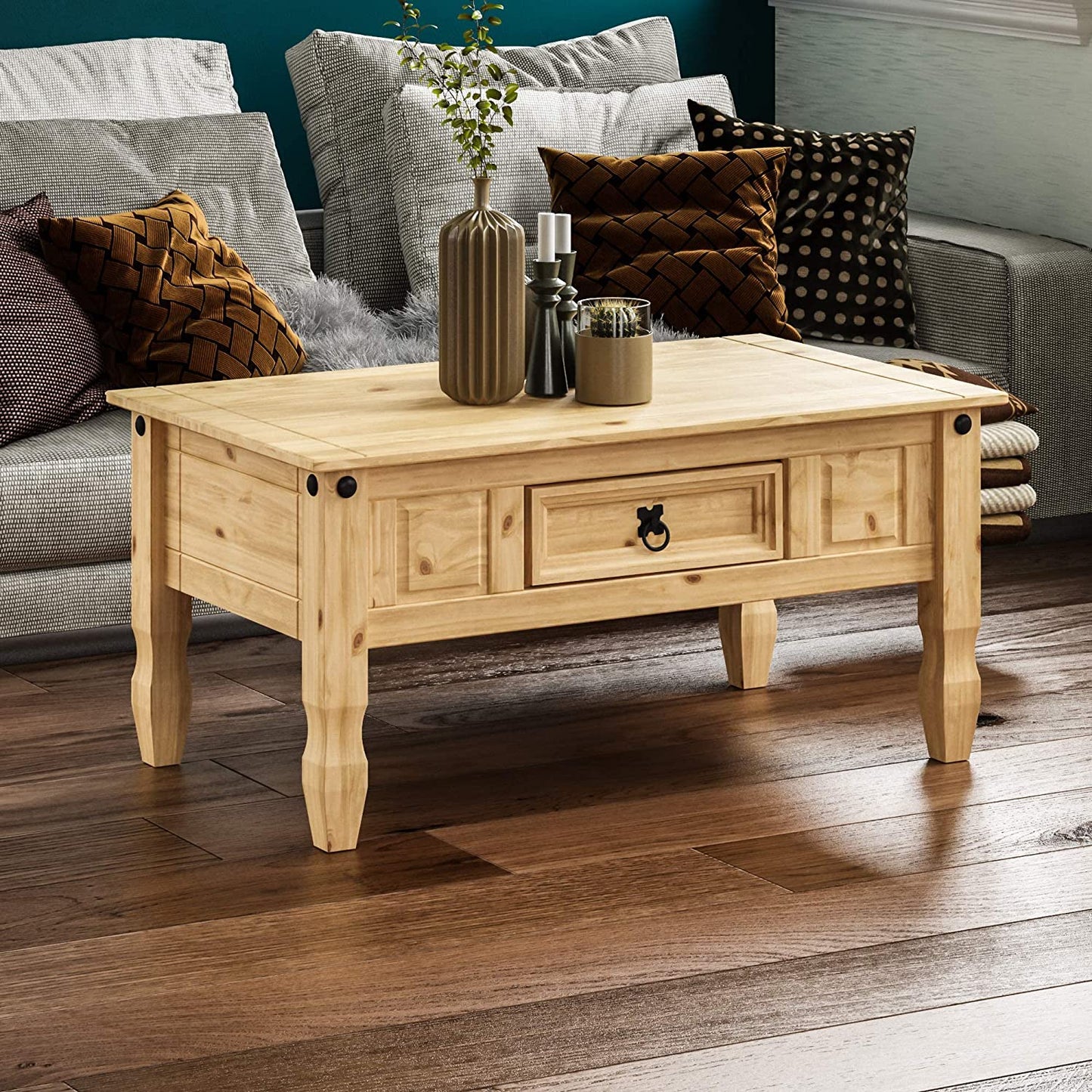 Corona Coffee Table With Drawer, Made from Distressed Waxed Pine, Solid Wood