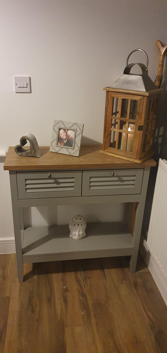 NEW Grey & Ash Veneer Console Table – Natural Wooden Sideboard, Soft Close Storage Drawer