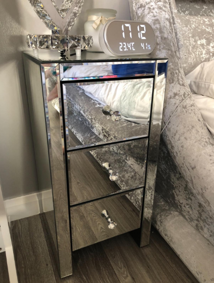 Pair of Bedside Table Cabinet Mirrored Glass Drawers Crystal Nightstand Durable