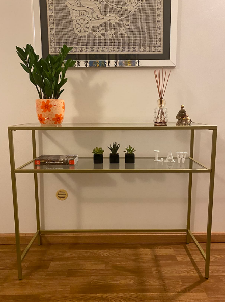 Console Tempered Glass Table, Modern or Entryway Table, Metal Frame, 2 Shelves, Adjustable Feet