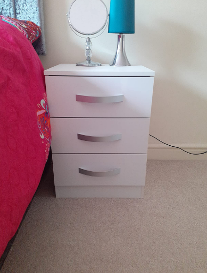 High Gloss 3 Drawer Bedside Cabinet, White, 56 x 40 x 36 cm