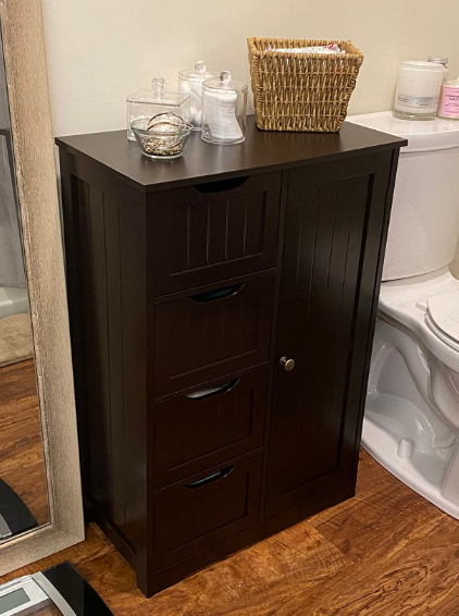 Storage Cabinet, Bathroom Floor Cabinet with 4 Drawers, Wooden Freestanding Cupboard