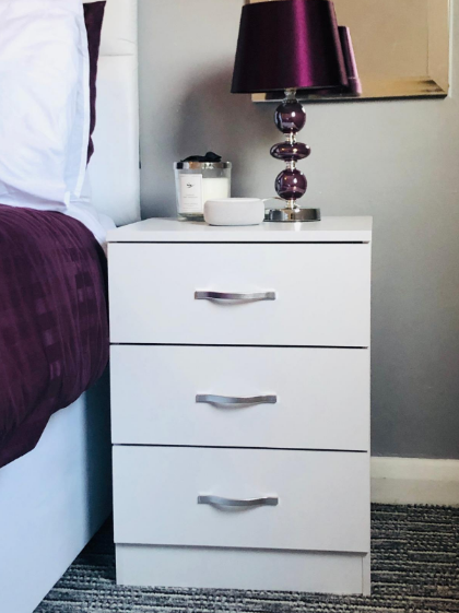 White Bedside Cabinet Chest of Drawers, 3 Drawer With Metal Handles