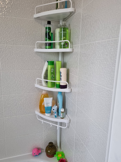 Adjustable Bathroom Corner Shelf, Telescopic Shower Caddy, with 4 Trays, 3 Hooks, White