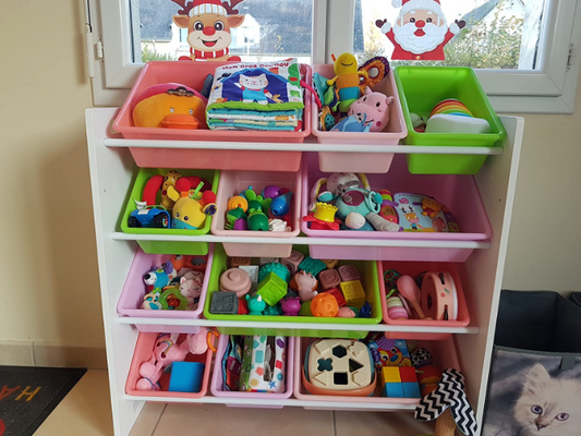 Kids’ Toy Storage Organizer with 12 Plastic Bins - White Wood with Pink Bins