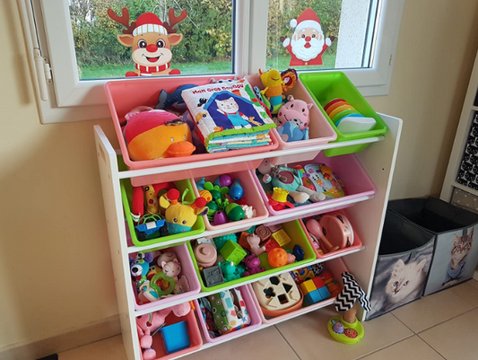 Kids’ Toy Storage Organizer with 12 Plastic Bins - White Wood with Pink Bins