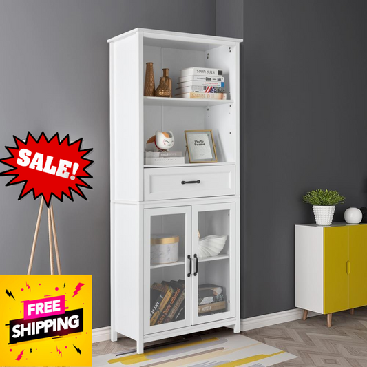 Large Kitchen Cabinets Storage Cupboard 180CM Bookcase with Bi-fold Glass Door White