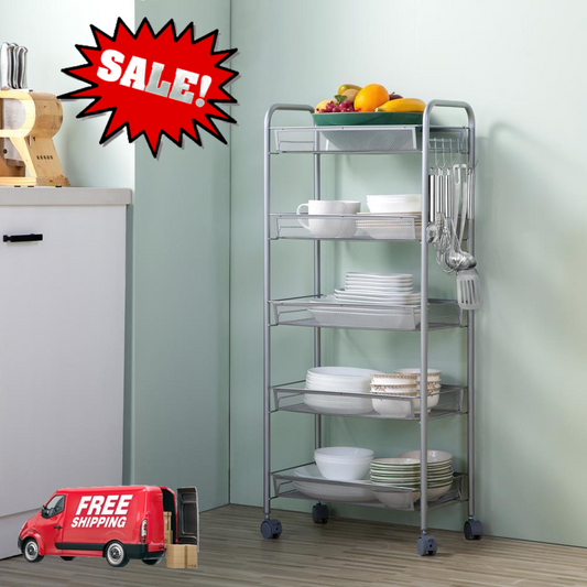 5 Tier Kitchen Trolley Carts Rack With Wheels Storage Shelf Removable Storage