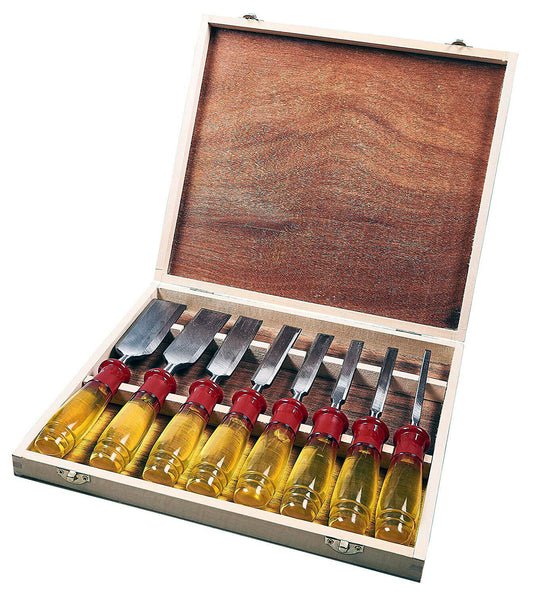 8PC WOOD CHISELS SET SPLIT PROOF HANDLES WOODWORKING CARVING TOOLS + WOODEN CASE