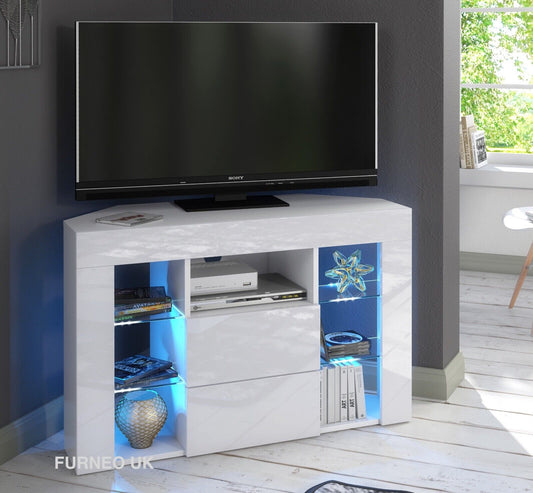 Corner TV Stand White High Gloss & Matt Modern Unit Cabinet LED Lights