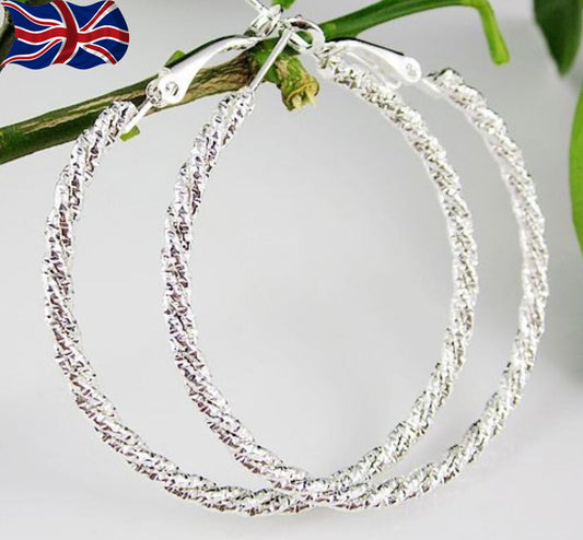 925 Sterling Silver Hoop Earrings Large Diamond Cut 50mm Twisted Rope Fast UK