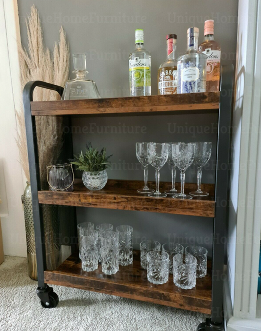 Industrial Drinks Trolley Rustic Metal Cart Vintage Serving Shelf Kitchen Table