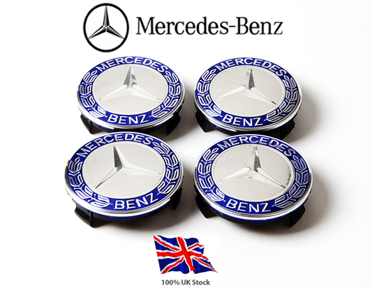 4x Blue Mercedes Benz Alloy Wheel Centre Caps 75mm Badges Hub Emblem - Fits All