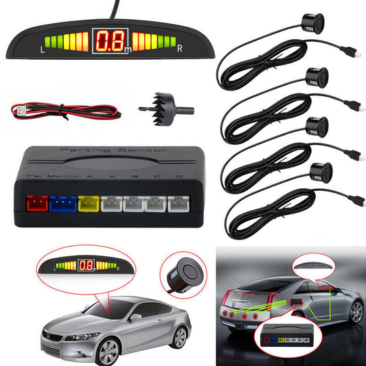 Car Rear 4x Parking Sensors Reverse Kit Audio Universal Buzzer Alarm LED BLACK FREE SHIPPING