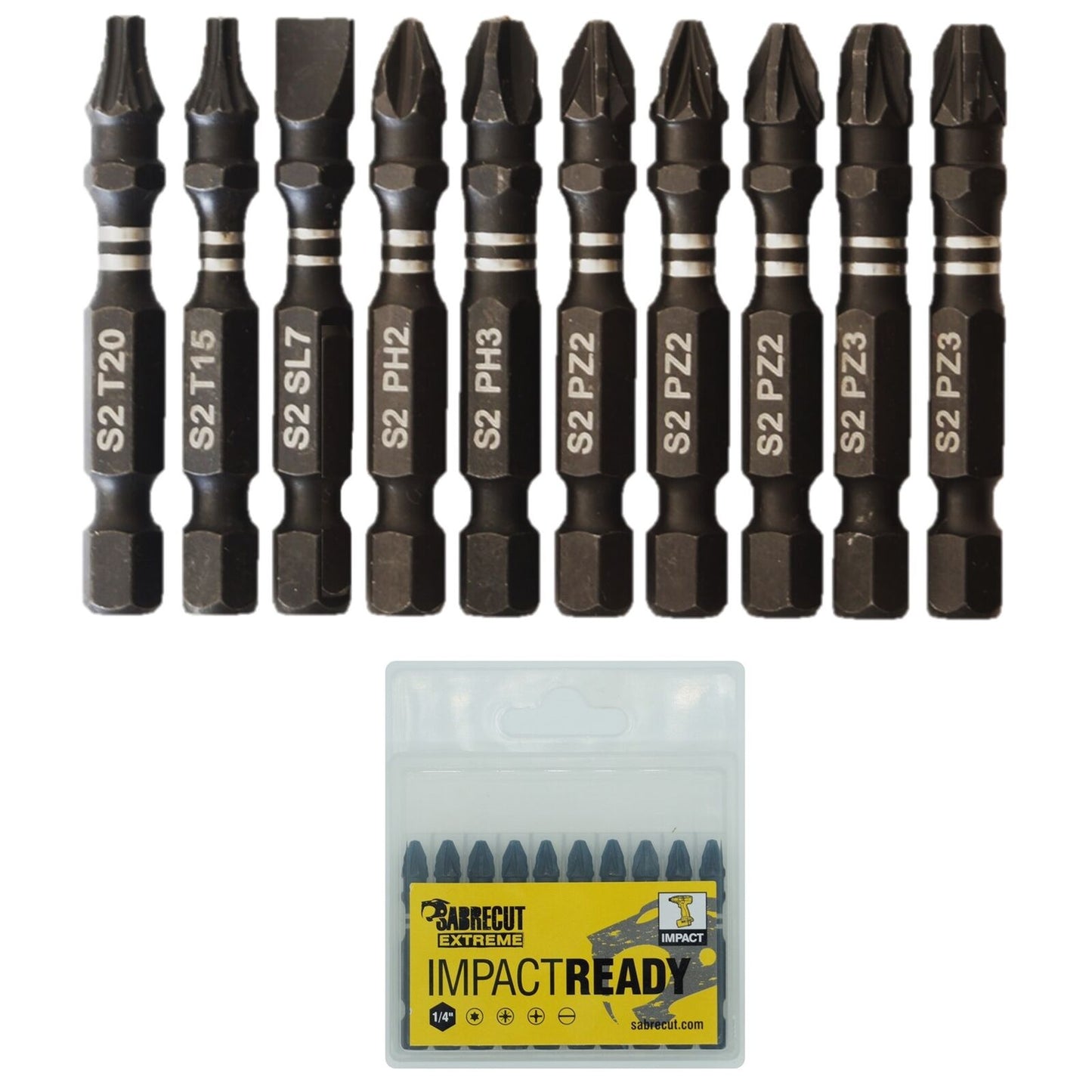 10 x 50mm Sab recut Impact Drill Driver Screwdriver Mixed Bits Set