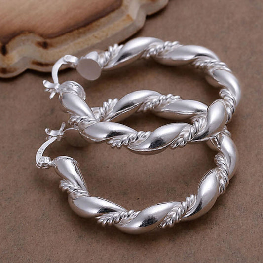 925 Sterling Silver Hoop Earrings Large Twisted Rope Chunky Gift Bag UK